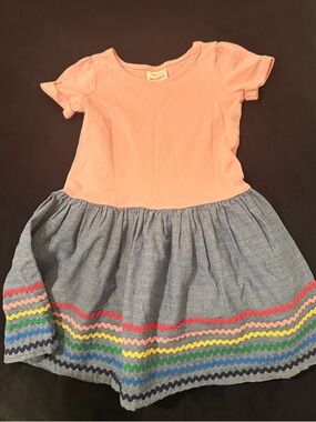 Hanna Andersson Pink Top Chambray Skirt Dress with Rainbow Rickrack